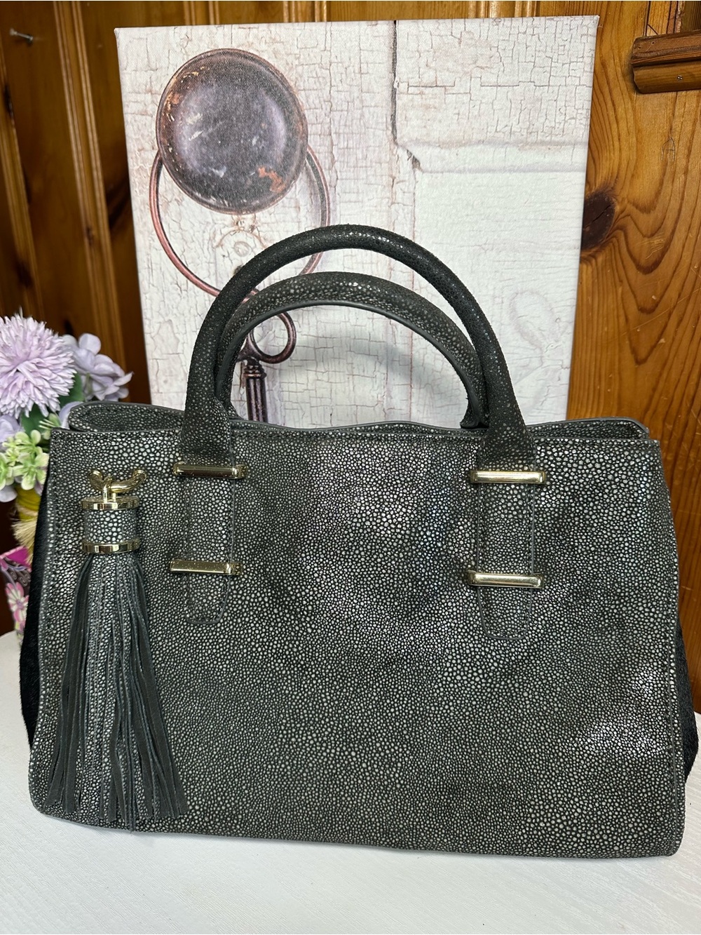 Ivanka Trump Metallic Gray Textured Tote with Tassel - Picture 6 of 16